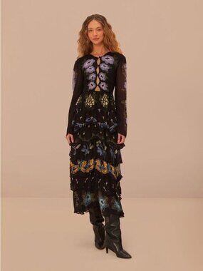 NWT Farm Rio Black Winter Garden Ruffle Maxi Dress LARGE Floral Embroidered NEW